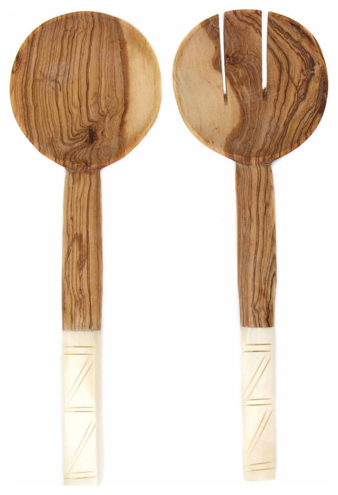Olive Wood Serving Set, Natural White Bone Handles, Square Design