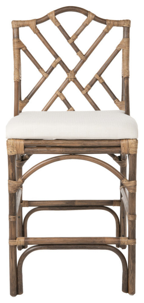 Chippendale Rattan Counter Stool, Antique Brown and Off-White Upholstery