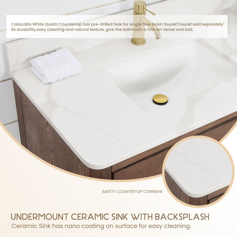 Porto Bath Vanity with White Quartz Stone Top, Dark Brown Oak, 72 in., No Mirror