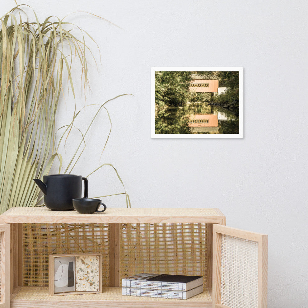 The Reflections of Wooddale Covered Bridge Aged Framed Photo Wall Art Print, White, 12" X 16"