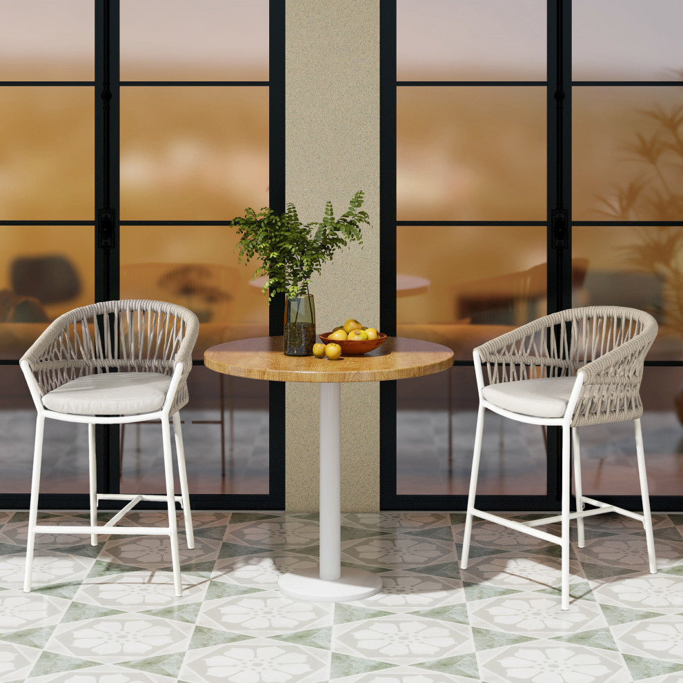 Maiden 27" Woven Barrel Back Outdoor Patio Counter Stool, Set of 2, Wheat Beige Axroma Olefin