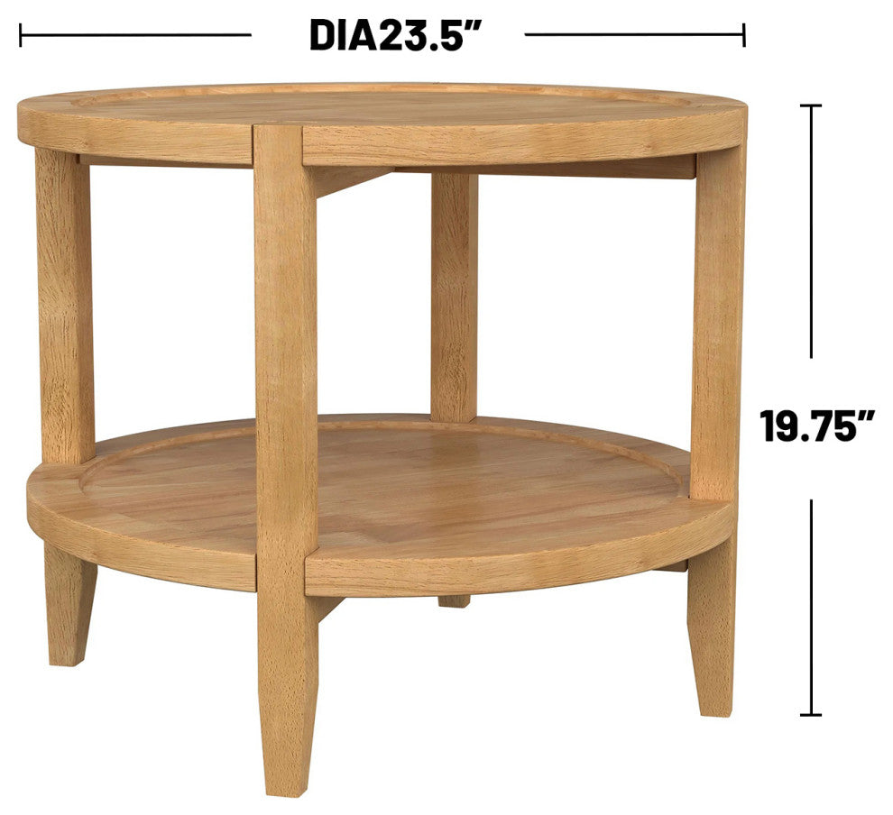 Round Solid Wood Side End Table With 1 Shelf, Maple Brown