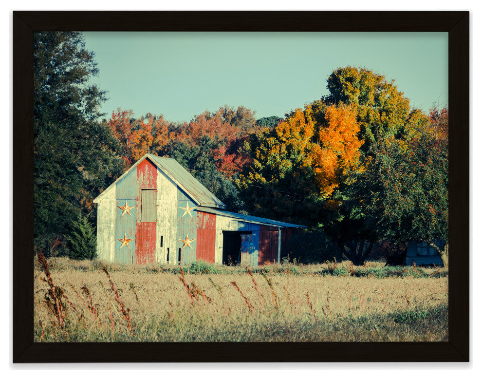 Patriotic Weathered Barn in Field Cross Processed Framed Photo Wall Art Prints, Black, 12" X 16"