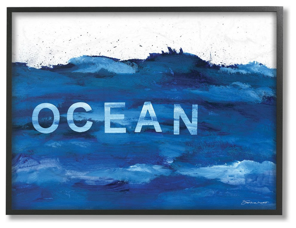 Minimal Ocean Blue Paint Splash Oversized Framed Giclee Texturized Art, 16"x20"