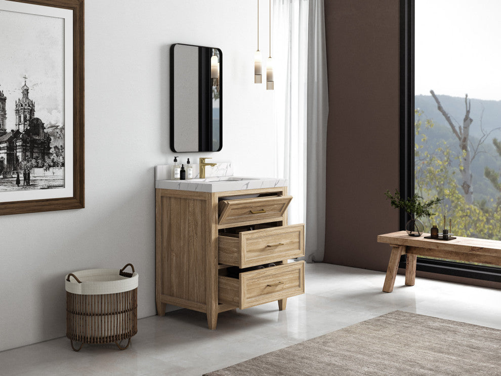 Santa Monica 30 Single Sink Bath Vanity in Whitewashed Teak 2" Empira Quartz