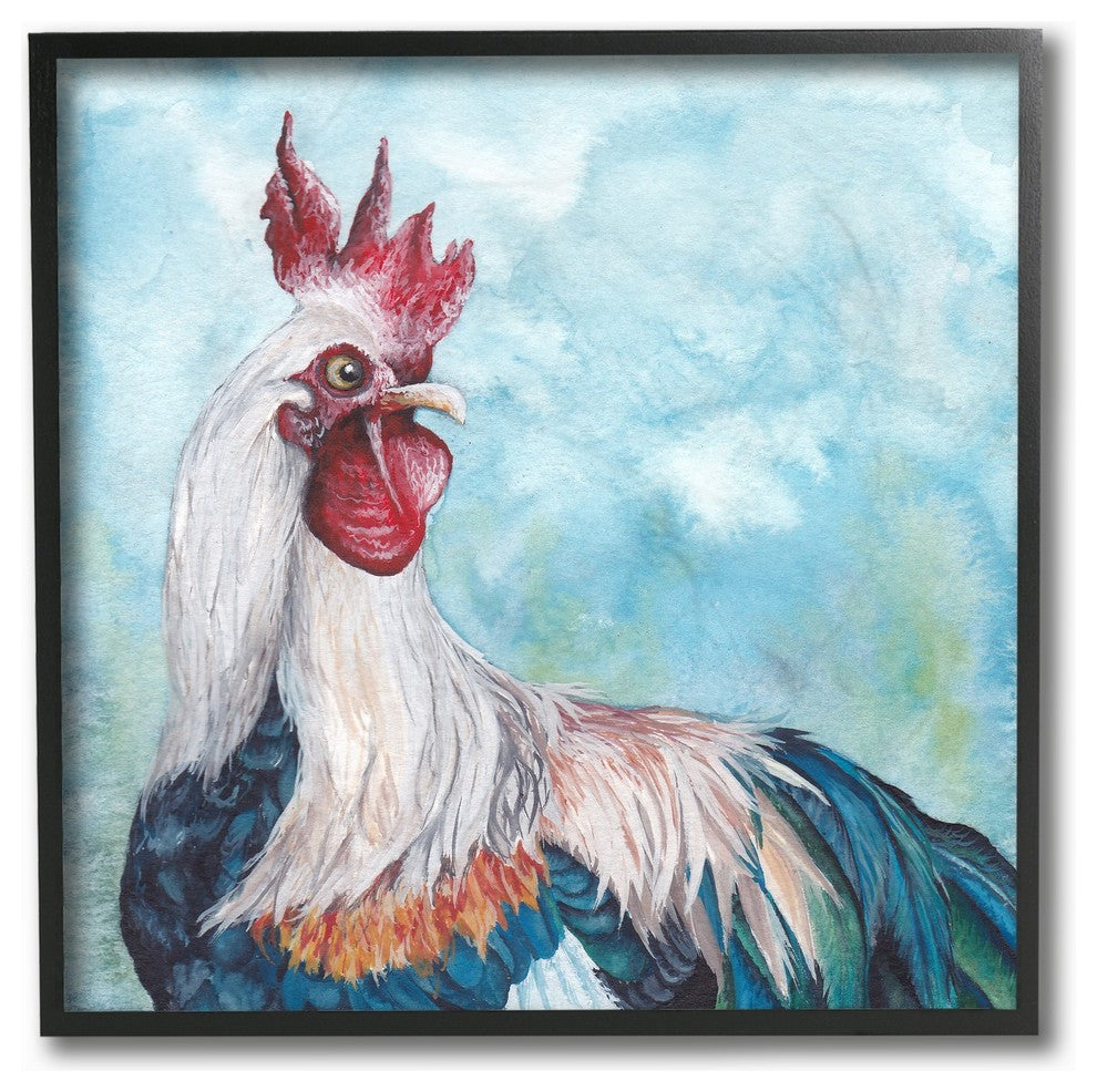 Light Blue Painted Rooster Portrait Framed Giclee Texturized Art, 12"x12"