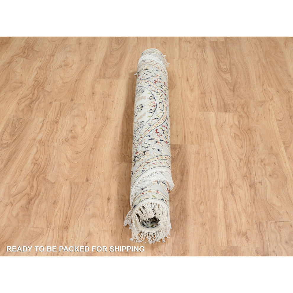 Ivory Nain With Flower Medallion Design Wool and Silk Hand Knotted Rug, 6'x6'