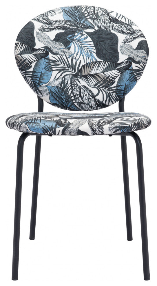 Set of Two Blue Black and White Tropical Design Dining or Side Chairs