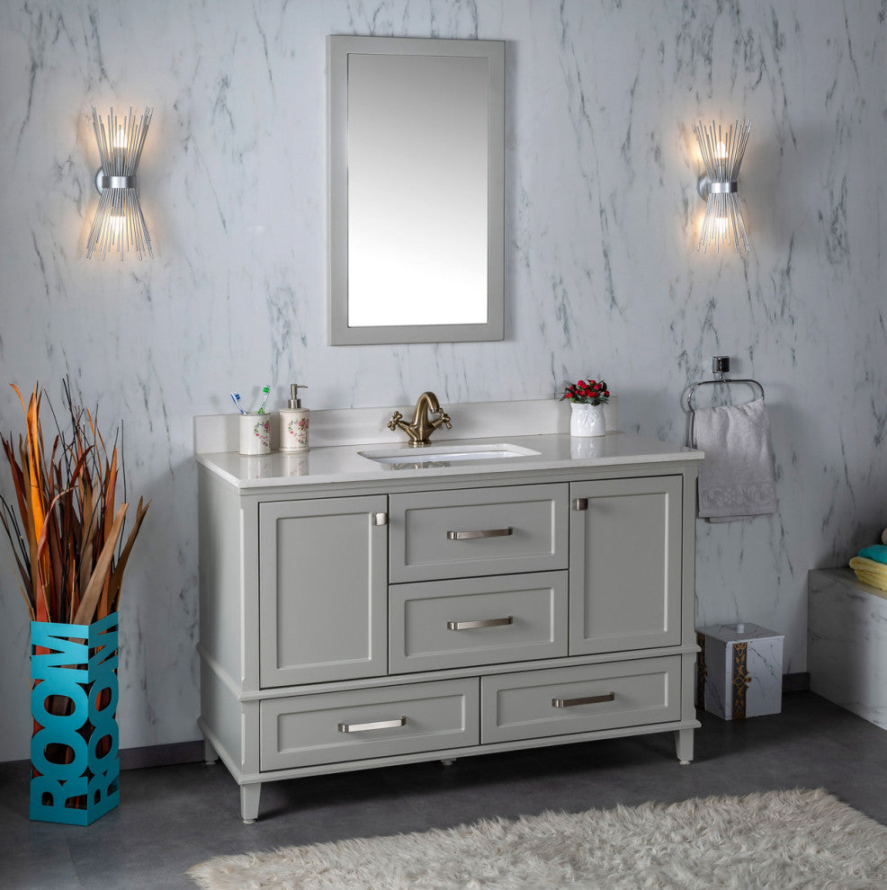 Nera Collection 48" Bath Vanity Quartz Top and Ceramic Sink, Grey, 48"