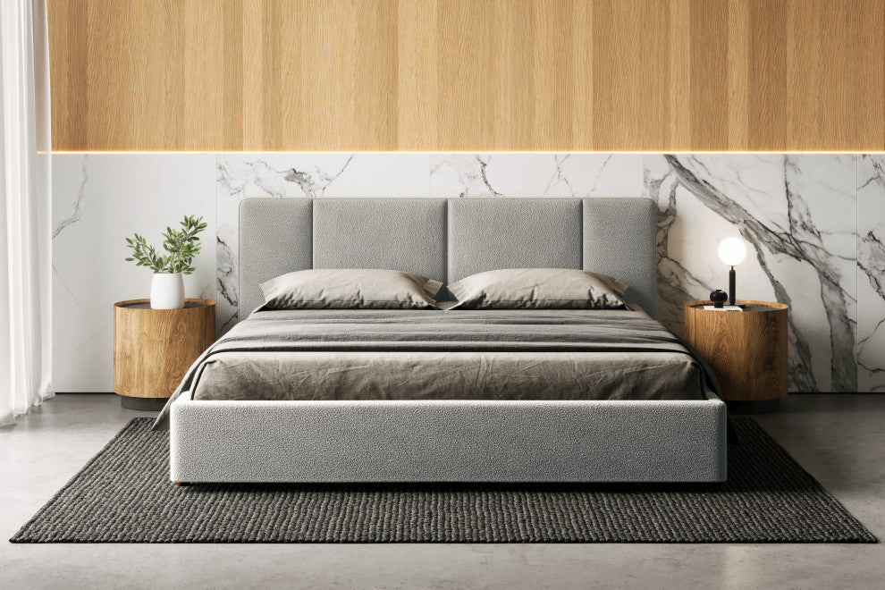 Omax Decor Venice Modern Fabric Upholstered Platform Bed, Grey Boucle, King