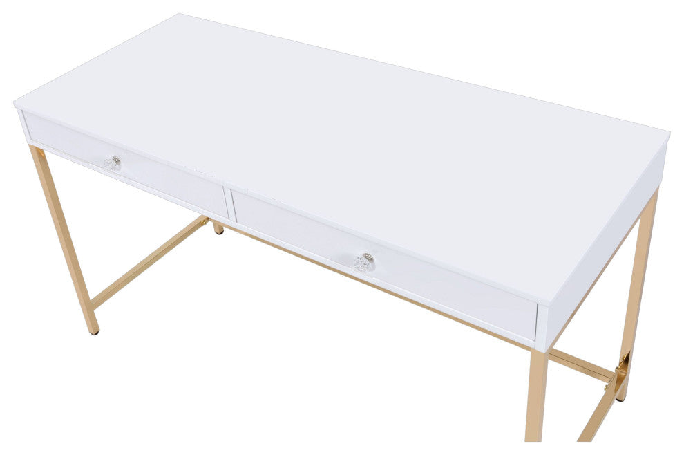 ACME Ottey Vanity Desk, White High Gloss and Gold Finish