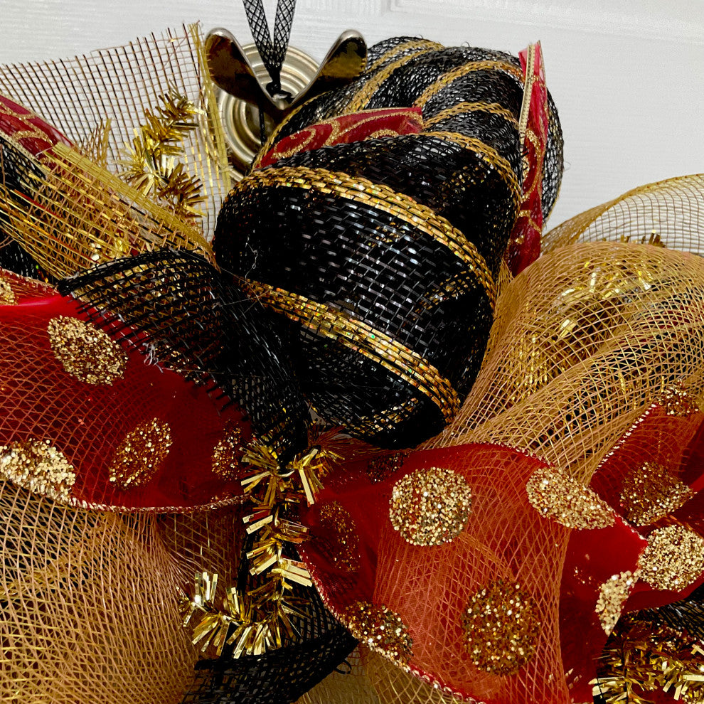 Seasons Greetings Black and Gold Handmade Deco Mesh Wreath