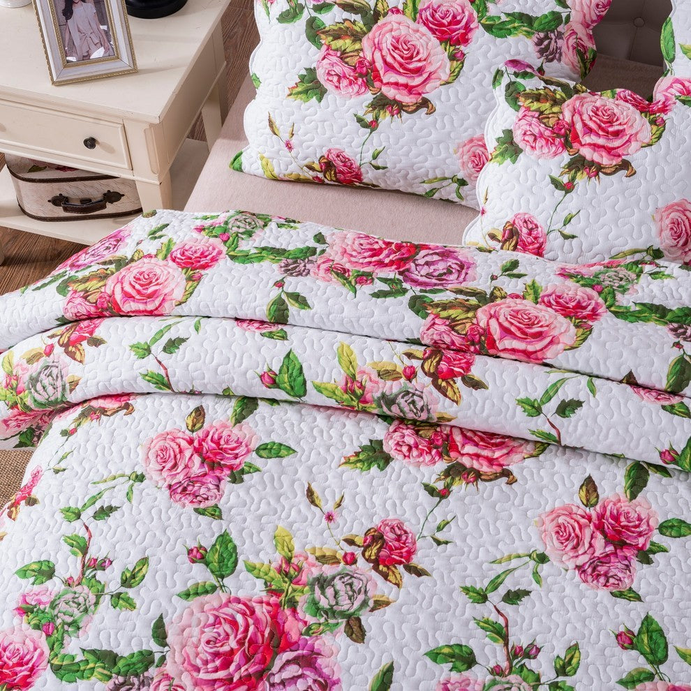 Romantic Roses Lovely Spring Pink Floral Scalloped Bedspread Set, Twin