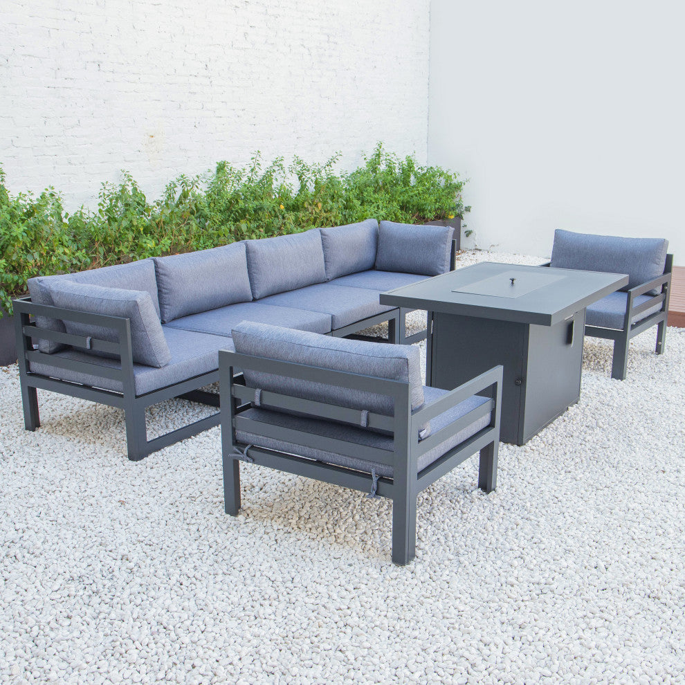 LeisureMod Chelsea 7-Piece Outdoor Sectional With Fire Pit Table, Blue