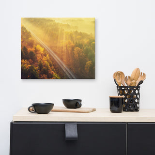 Sunrise Railroad Misty Forest Golden Haze Landscape Photo Canvas Art Print, 16" X 20"