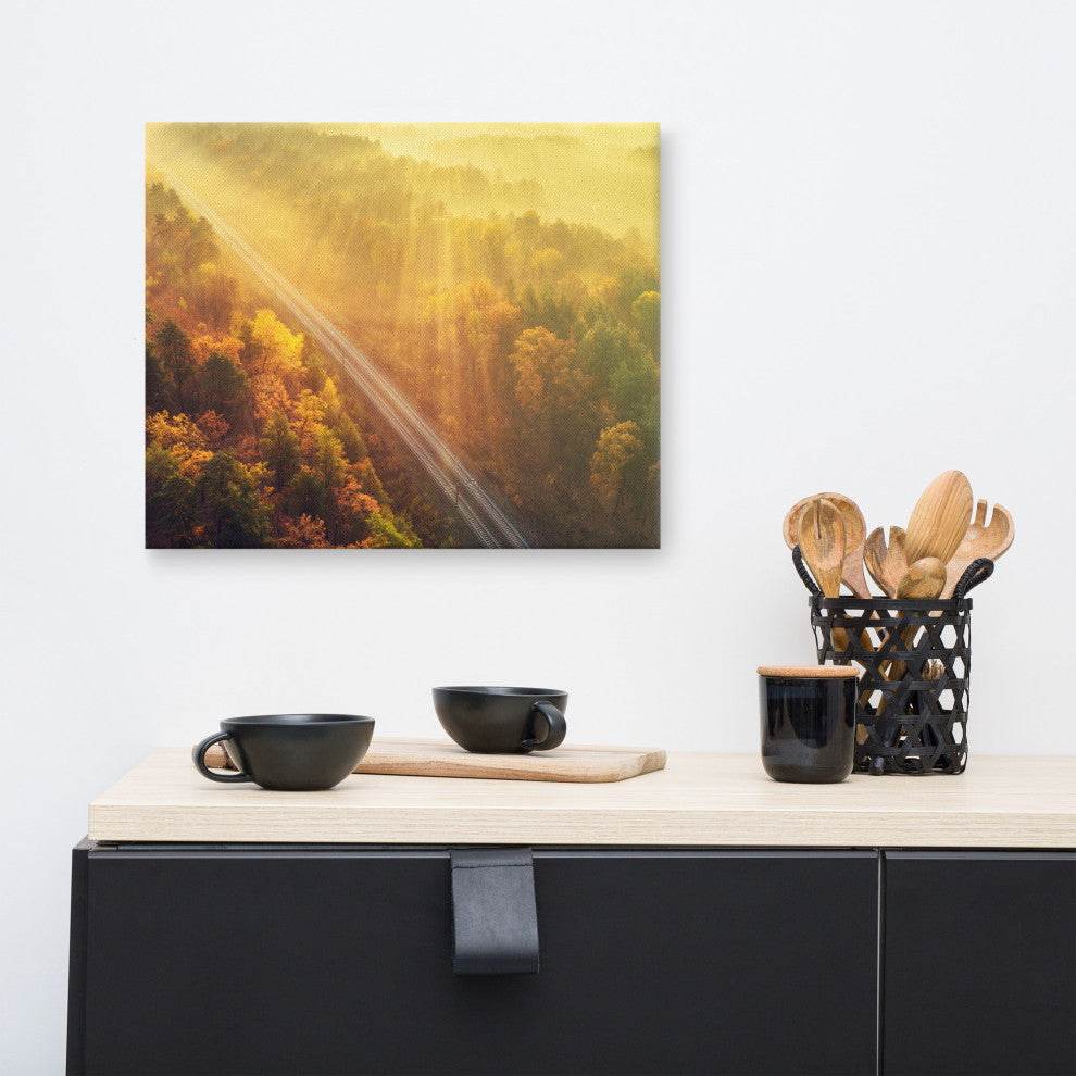 Sunrise Railroad Misty Forest Golden Haze Landscape Photo Canvas Art Print, 16" X 20"