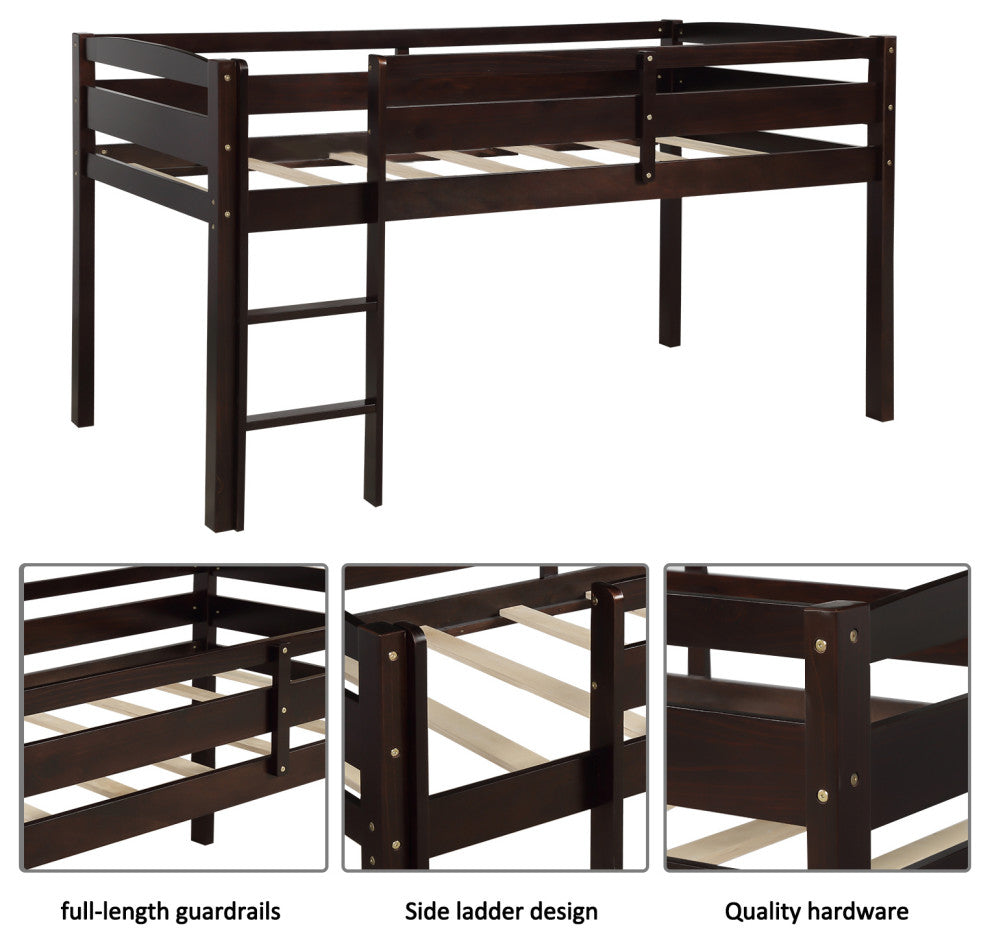 Gewnee Wood Twin Low Loft Bed with Ladder in Espresso