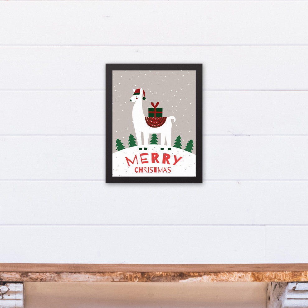 Merry Christmas Llama 14x11 Black Framed Canvas