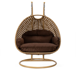 LeisureMod Mendoza Light Brown Wicker Hanging Double Egg Swing Chair, Brown