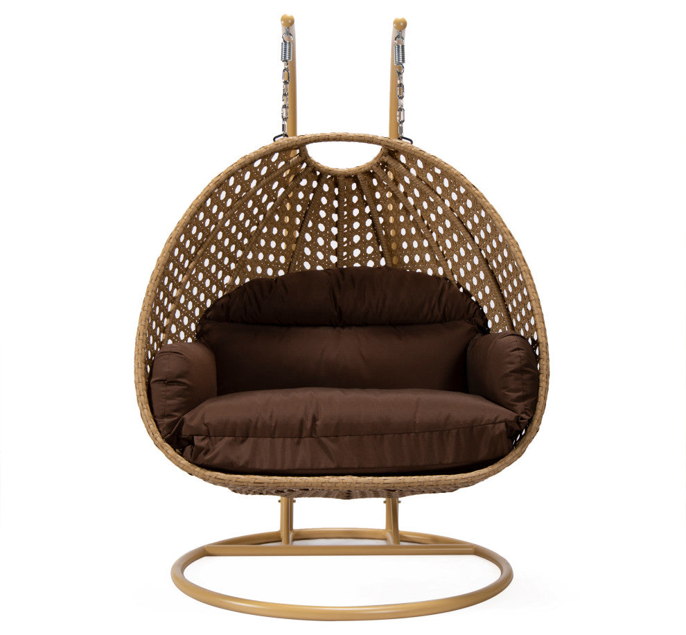 LeisureMod Mendoza Light Brown Wicker Hanging Double Egg Swing Chair, Brown