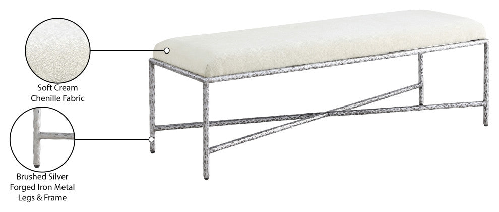 Valley Upholstered Bench, Cream, 54" W x 18" D, Silver, Chenille Fabric