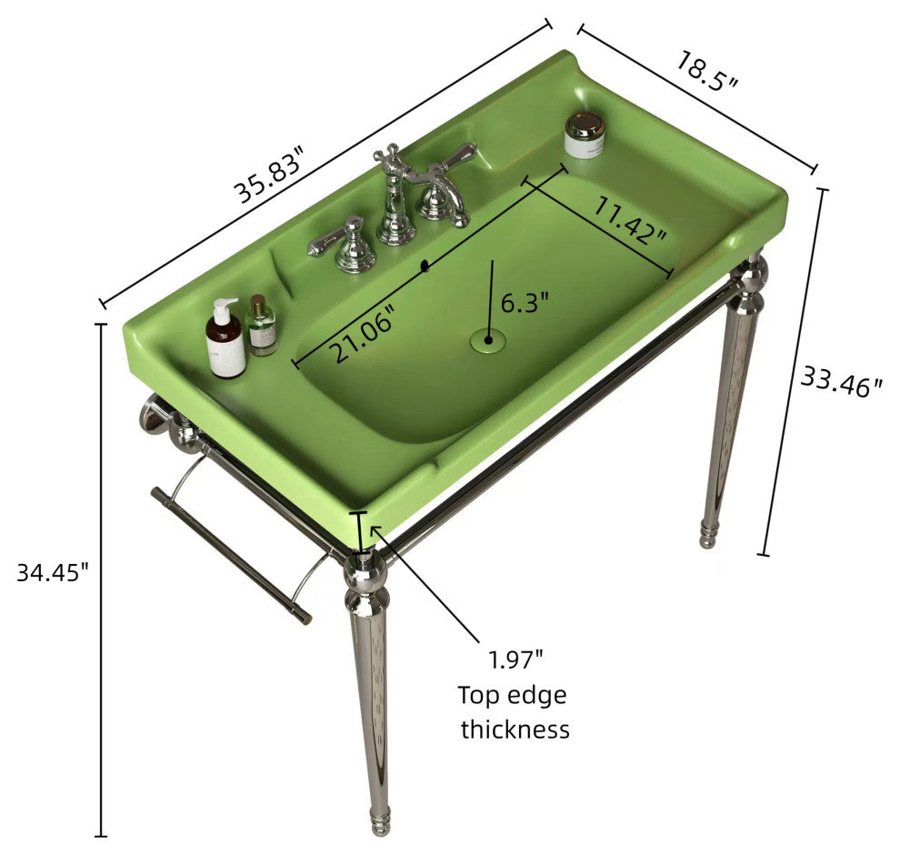 Wall-Mounted Green Ceramic Vanity Basin with Stainless Steel Support Legs, Chrome