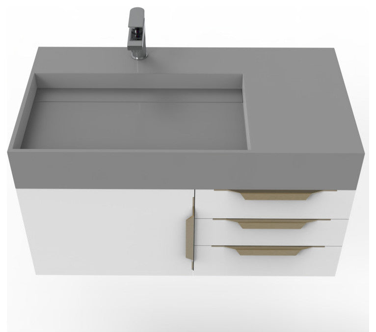CastelloUSA Amazon 36" Wall Mount Vanity Set, White, Gray Top, Gold Handles