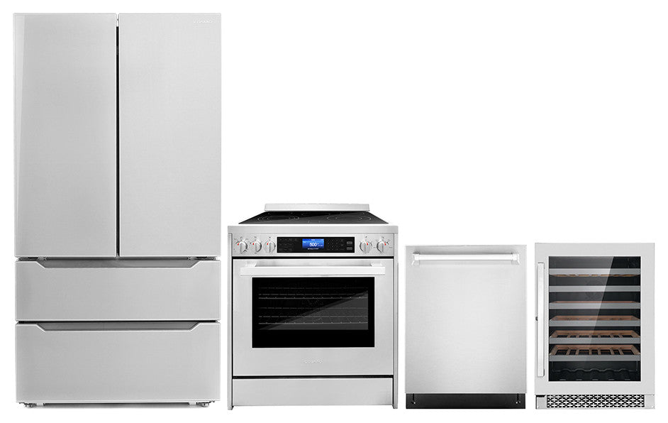 4-Piece, 30" Electric Range, 24" Dishwasher, Refrigerator, and Wine Cooler
