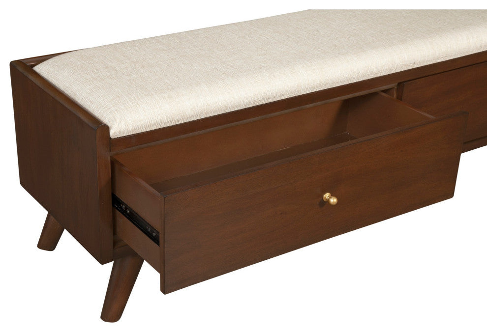 Benzara BM283855 59" 2 Drawer Accent Bench, Beige Seat Wood, Walnut Brown