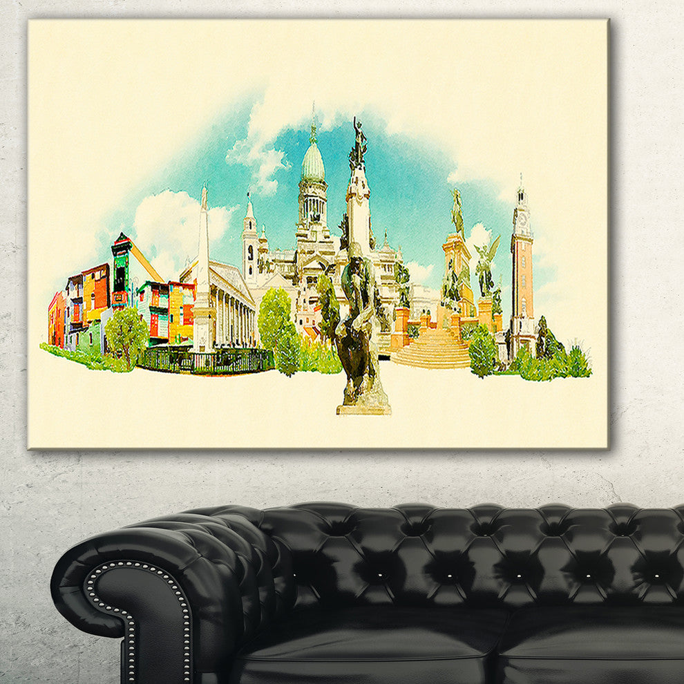 "Buenos Aires" Panoramic View Cityscape Watercolor Wall Art, 32"x16"