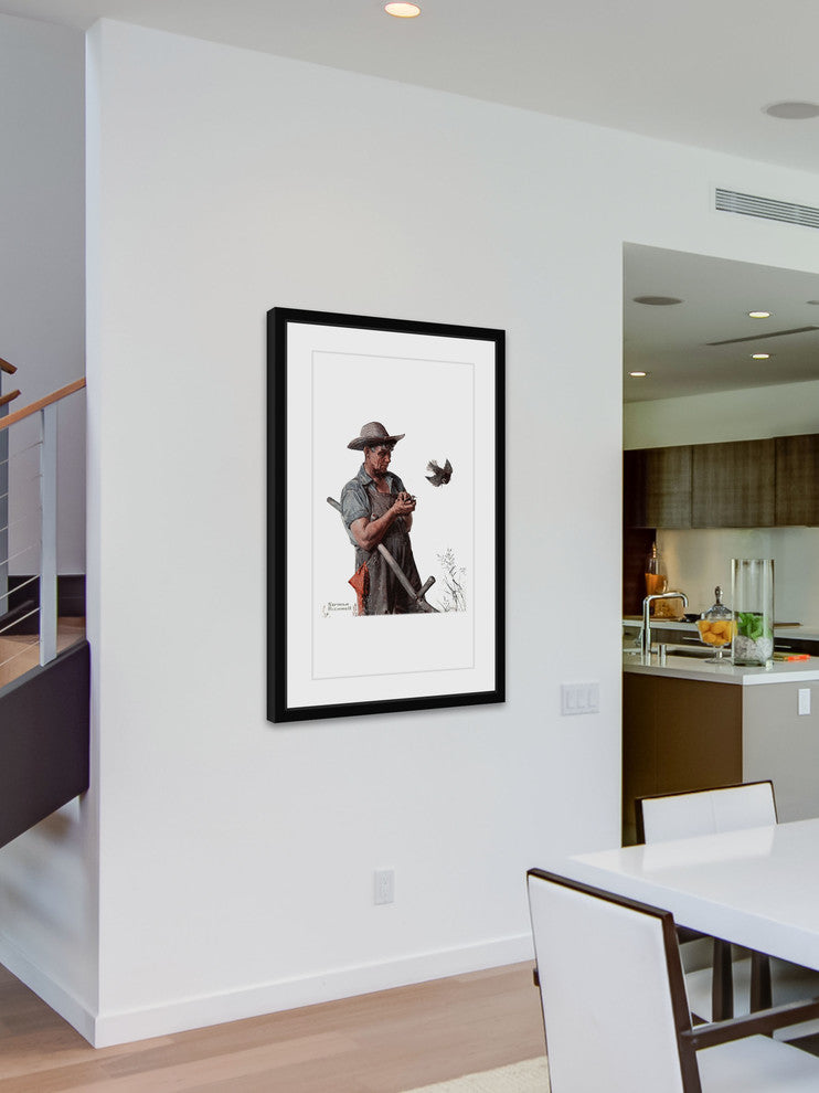 "Farmer and the Bird" Framed Art Print by Norman Rockwell