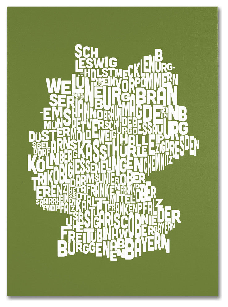 'Germany Regions Map - Olive' Canvas Art by Michael Tompsett