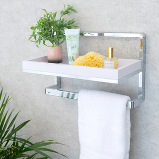 Danya B. Wall Mounted Chrome Towel Rack and Shelf With Removable White Tray