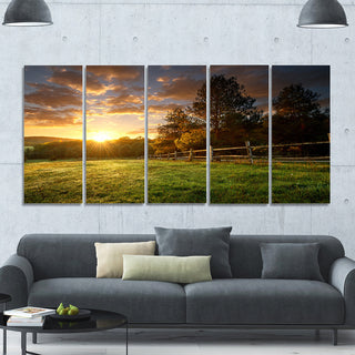 Fenced Ranch at Sunrise, Landscape Canvas Art Print, 60"x28", 5 Panels
