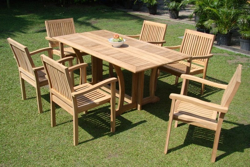 7-Piece Outdoor Teak Dining Set, 69" Table, 6 Leveb Stacking Arm Chairs