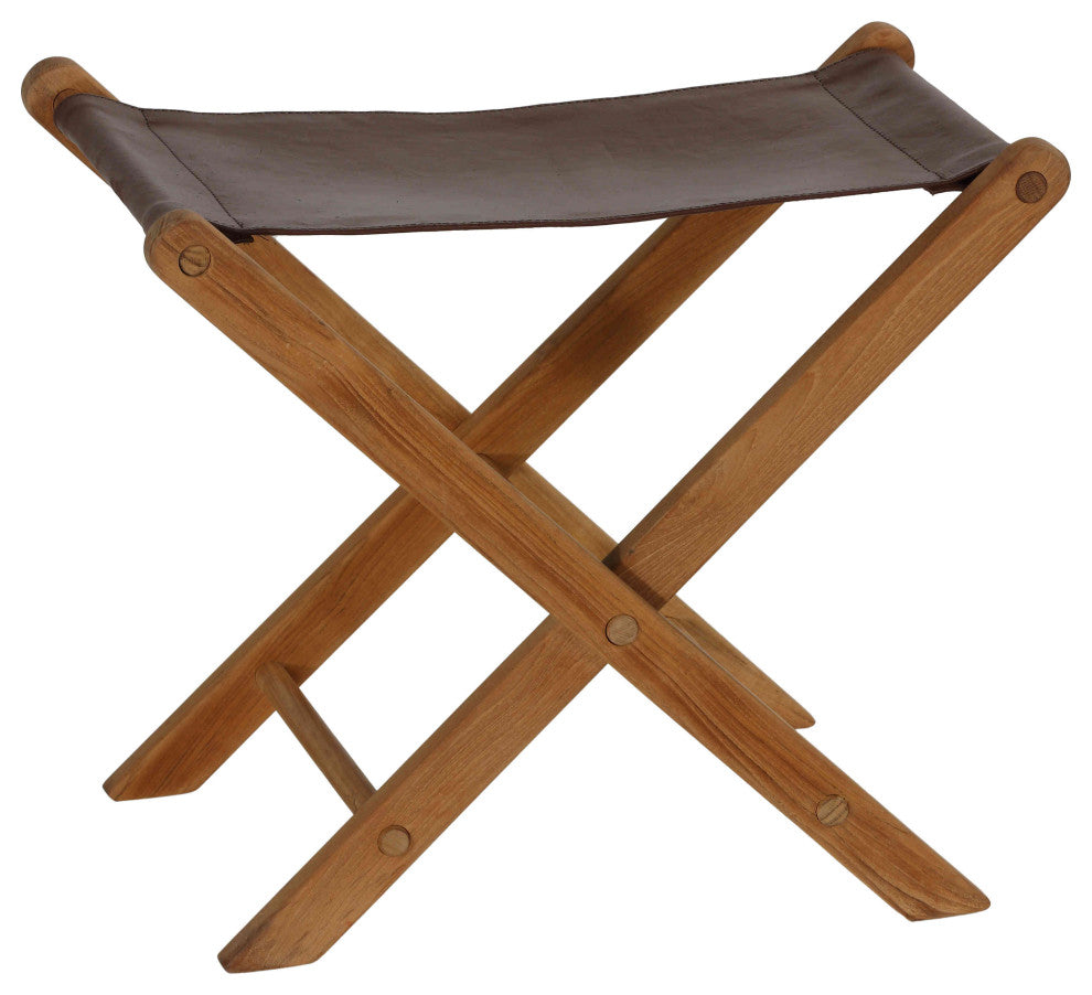 Bare Decor Davie Genuine Teak and Leather Folding Accent Stool in Brown, 18"