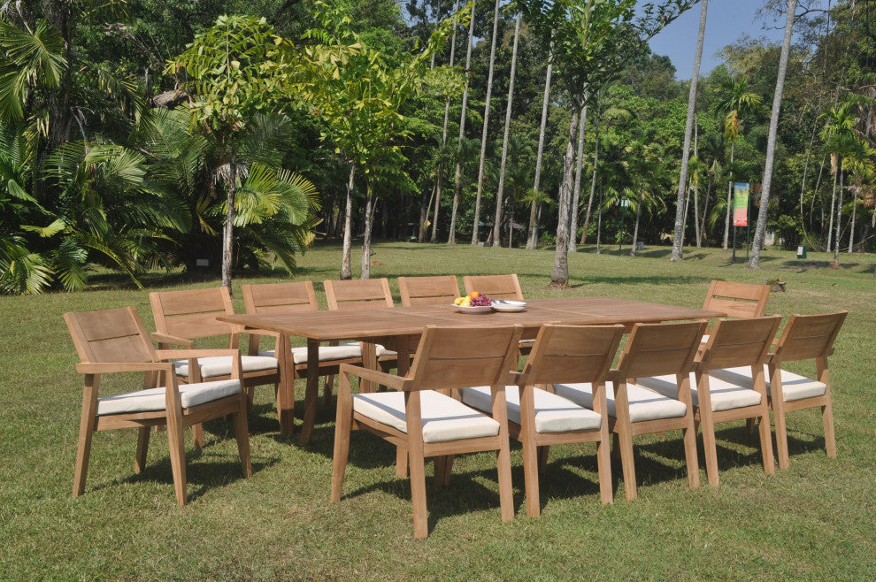 13-Piece Outdoor Teak Dining Set: 117" Rectangle Table, 12 Celo Stacking Chairs