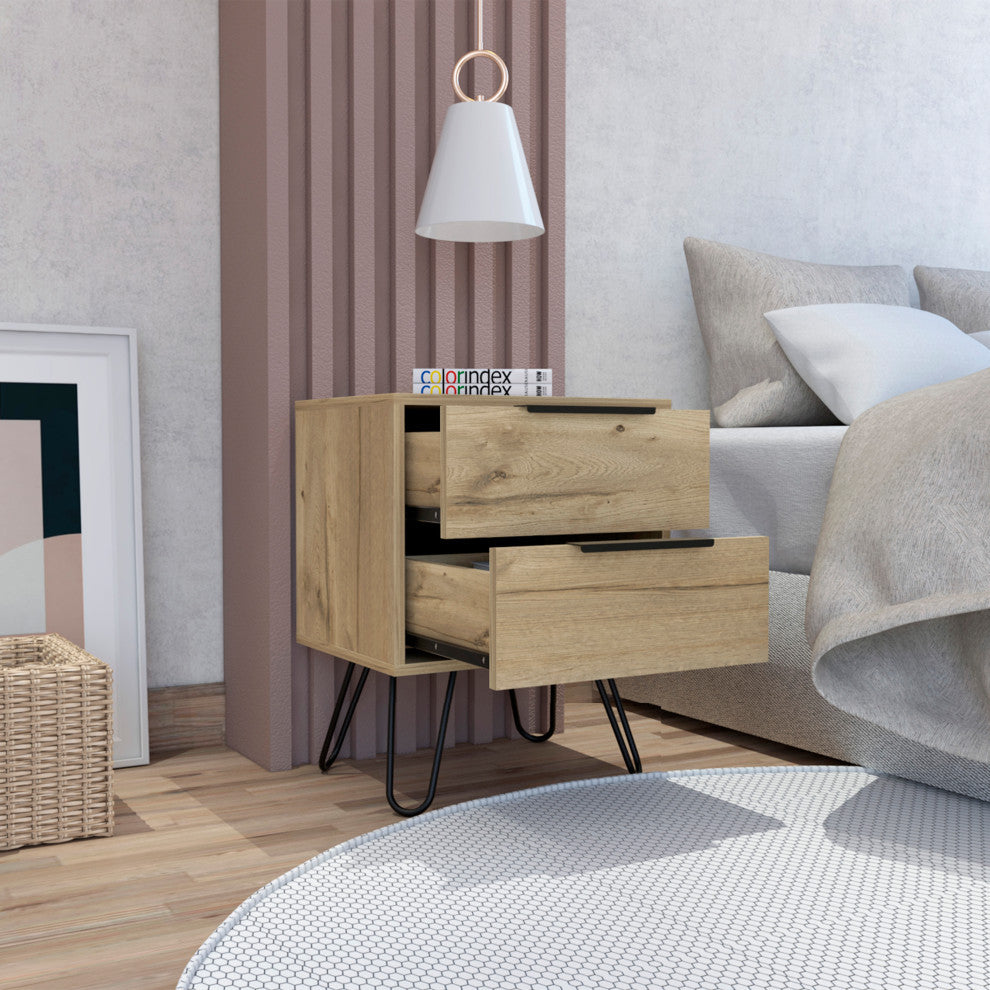 Nuvo 22-inch Tall Nightstand, 2 Drawers, and Hairpin Legs, Light Oak