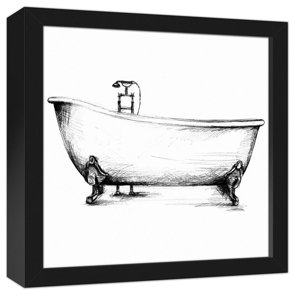 Vintage Bathtub Sketch Wall Art, Framed Canvas