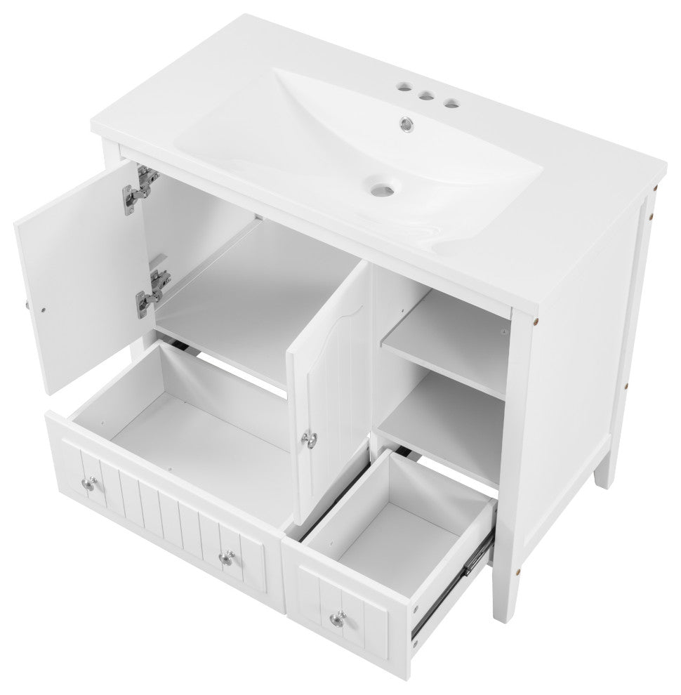 36" W x 18." D x 32" H Bath Vanity, White Ceramic Top, White
