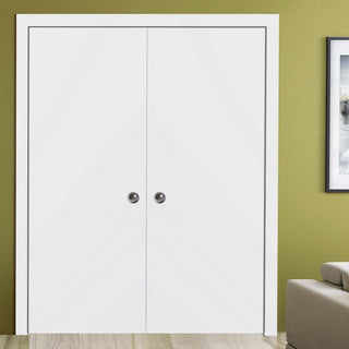Sliding Double Pocket Closet Doors 64 x 80 with Frames| Planum 0010 White Silk
