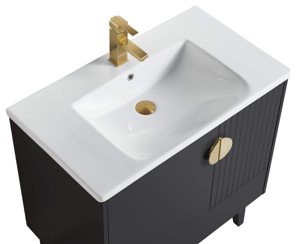 Venezian Single Bathroom Vanity, Black, 30", Satin Brass Handles, One Sink