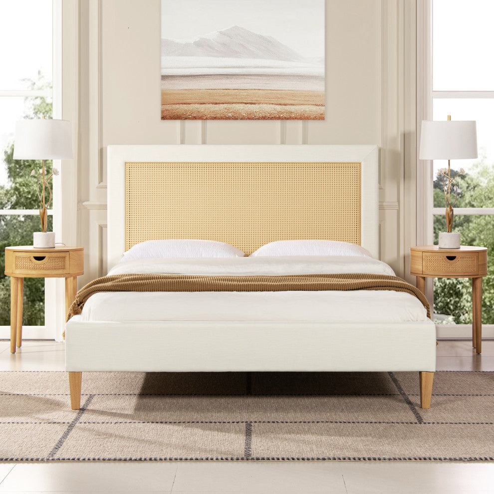 Haley Upholstered Cane-Back Platform Bed, Snow White Polyester, Queen