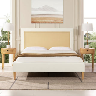 Haley Upholstered Cane-Back Platform Bed, Snow White Polyester, Queen