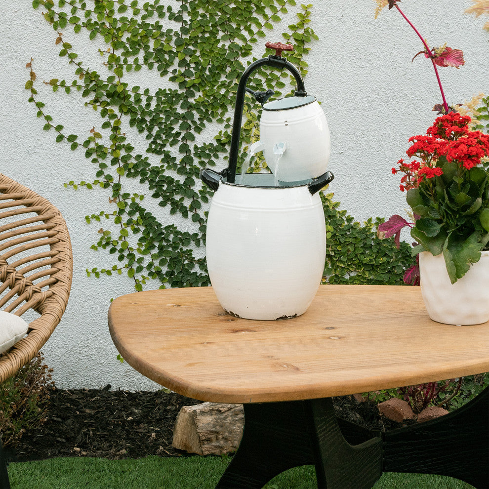 White Barrels and Faucet Tabletop Fountain
