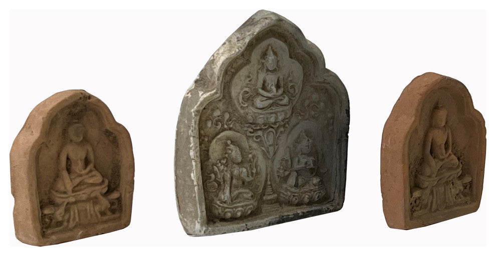 Set of 3, Small Chinese Oriental Clay Buddhas Theme Plaque Display Hws2404