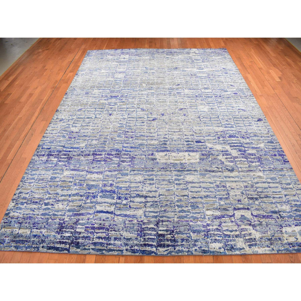 Yale Blue, Diminishing Bricks Design, Sari Silk, Hand Knotted Rug, 9'x12'2"