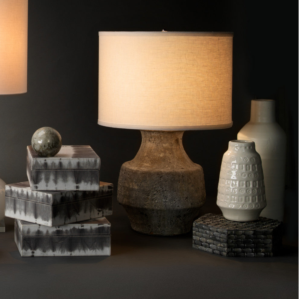 Masonry Table Lamp, Grey Ceramic With Classic Drum Shade, White Linen
