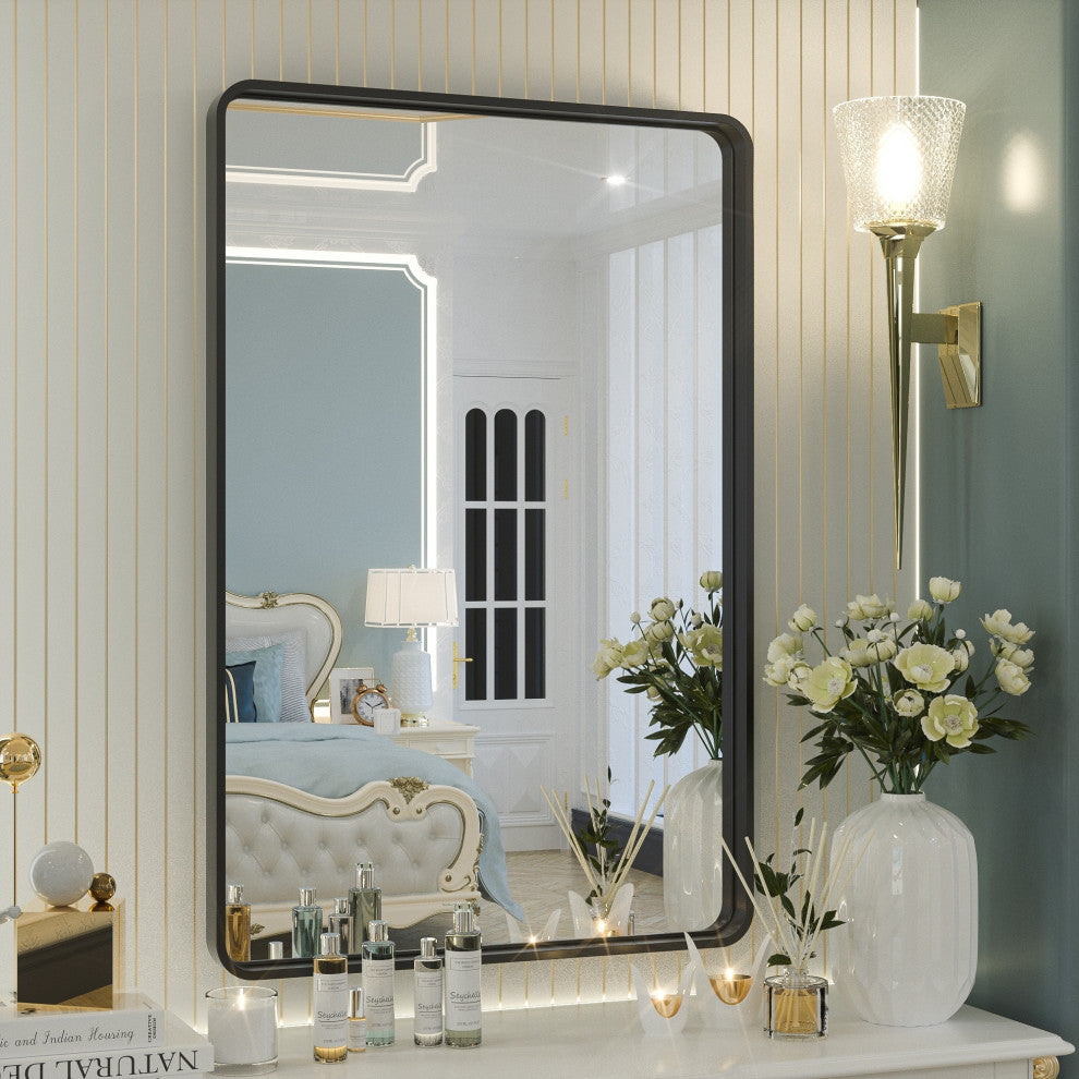 Metal Frame Decorative Rectangular Wall Mount Mirror, Black, 24"x36"
