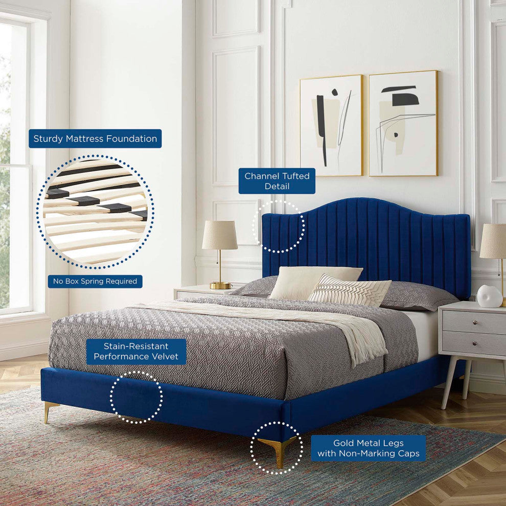 Tufted Platform Bed Frame, Full Size, Velvet, Blue Navy, Modern Contemporary